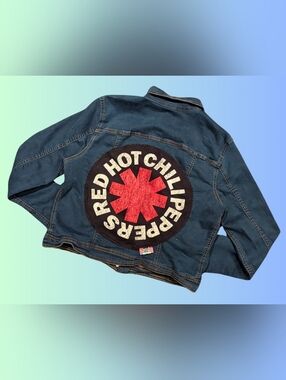 Handmade, Upcycled Red Hot Chilli Peppers Denim Jacket Size L